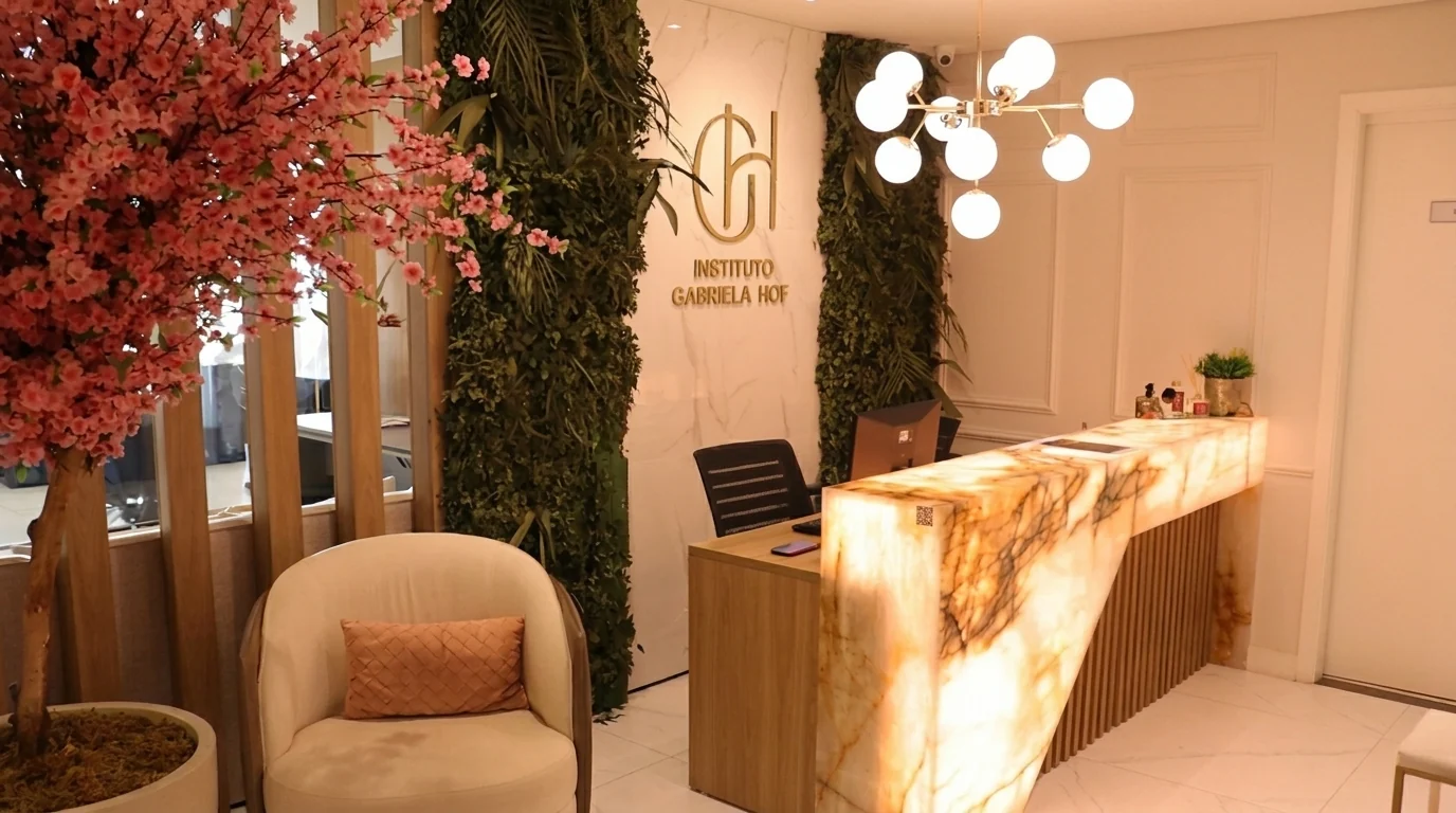 Recepção e lounge da Clínica Gabriela HOF, com balcão de ônix iluminado e letreiro da marca, em Votorantim, na divisa com o Parque Campolim, Sorocaba